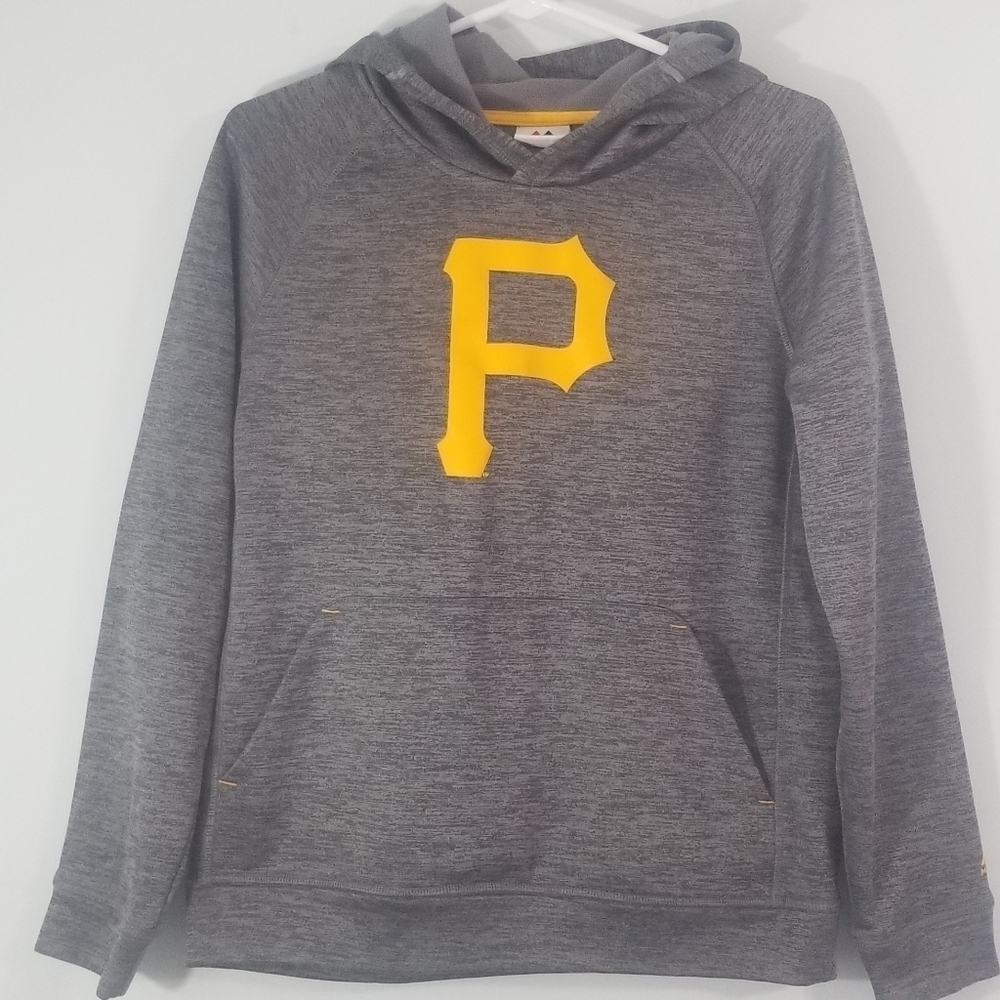 Majestic Pittsburg Pirates MLB Boys Hoodie. Size Large 14/16. Gray and Gold.